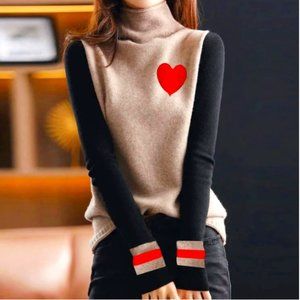 Retro 70s Heart Color Block Turtleneck Sweater, L